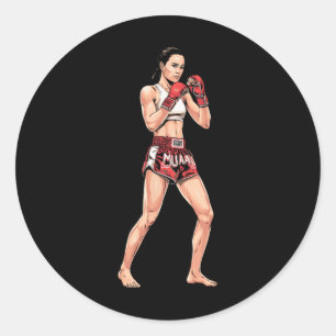 Pegatina Redonda Posición de kickboxing Boxeo tailandés Un luchador