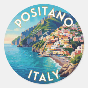 Pegatina Redonda Positano Italia Escena de Viaje Mediterráneo 🍋