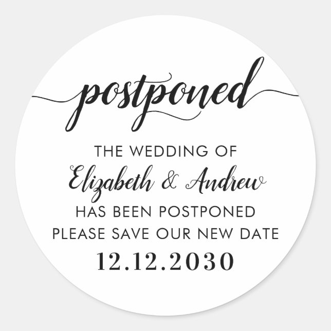 Pegatina Redonda Pospuesto Guardar nuestro nuevo Boda de posposició (Anverso)