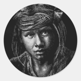 Pegatina Redonda Postal de dibujo de Native American Boy my 2004