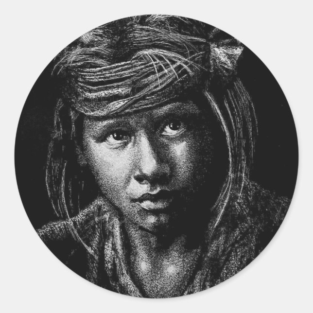 Pegatina Redonda Postal de dibujo de Native American Boy my 2004 (Anverso)