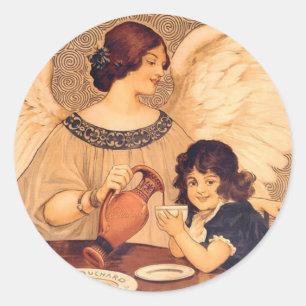 Pegatina Redonda Póster Antiguo del Ángel de Chocolate Francés: Art