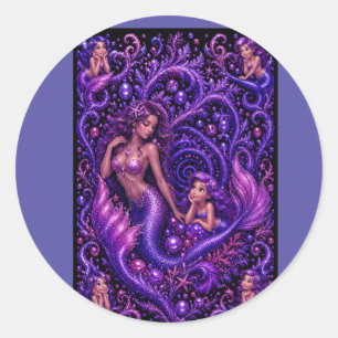 Pegatina Redonda Póster de arte de Mermaid Duo Ocean Dream Fantasía