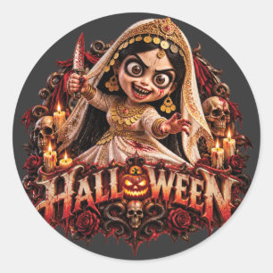 Pegatina Redonda Póster de arte de terror de la novia zombie espelu