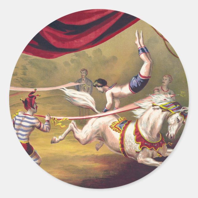 Pegatina Redonda Poster de circo con acróbata a caballo (Anverso)