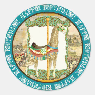 Pegatina Redonda Poster de circo vintage, Giraffe Baby Shower
