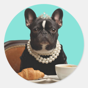 Pegatina Redonda Póster de desayuno clásico chic - Arte de pug insp