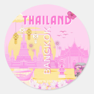 Pegatina Redonda Póster de viaje a Bangkok Tailandia   Arte retro r