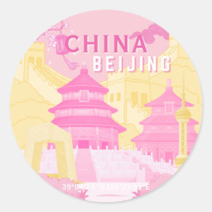 Pegatina Redonda Póster de viaje a Pekín, China   Arte rosa y amari