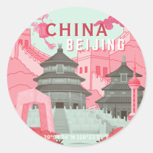 Pegatina Redonda Póster de viaje a Pekín, China Arte verde menta,