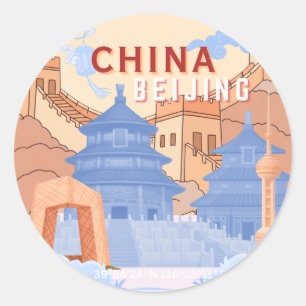Pegatina Redonda Póster de viaje a Pekín China Azul pastel y melo
