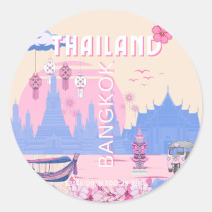 Pegatina Redonda Póster de viaje pastel de Bangkok Tailandia Azul R