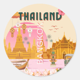 Pegatina Redonda Póster de viaje retro vintage Bangkok Tailandia