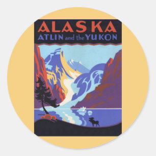Pegatina Redonda Póster de viaje vintage de Alaska, Atlin y el Yuko