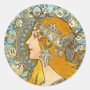 Pegatina Redonda Poster Mucha Art Nouveau - Zodiac - La Plume