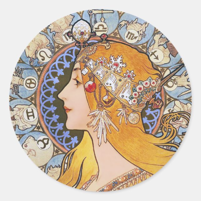 Pegatina Redonda Poster Mucha Art Nouveau - Zodiac - La Plume (Anverso)