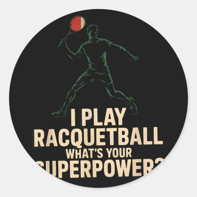 Pegatina Redonda Póster retro de superpoder divertido de raquetbol  (Anverso)
