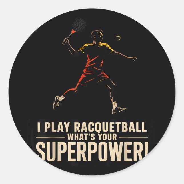 Pegatina Redonda Póster retro de superpoder divertido de raquetbol  (Anverso)