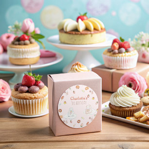 Pegatina Redonda Postres de ovejas rosadas y dulces acuarela niños 