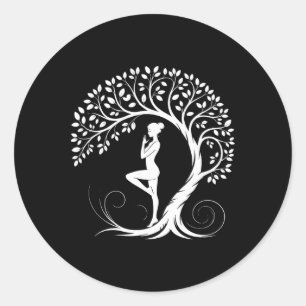 Pegatina Redonda Postura de Yoga Meditación Namaste Budismo Árbol