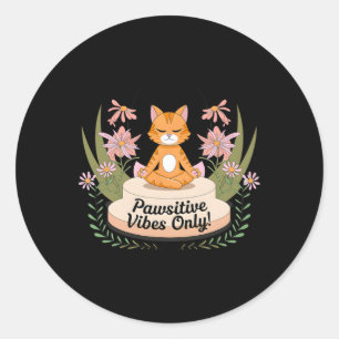 Pegatina Redonda Posturas de yoga solo vibraciones positivas gatito