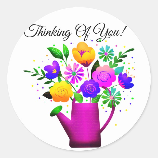 Pegatina Redonda Pota de agua rosa y flores rosas amarillas (Anverso)