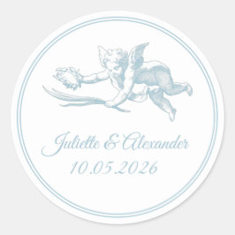 Pegatina Redonda Powder Blue Toile de Jouy Cupid Classic Round Wedd