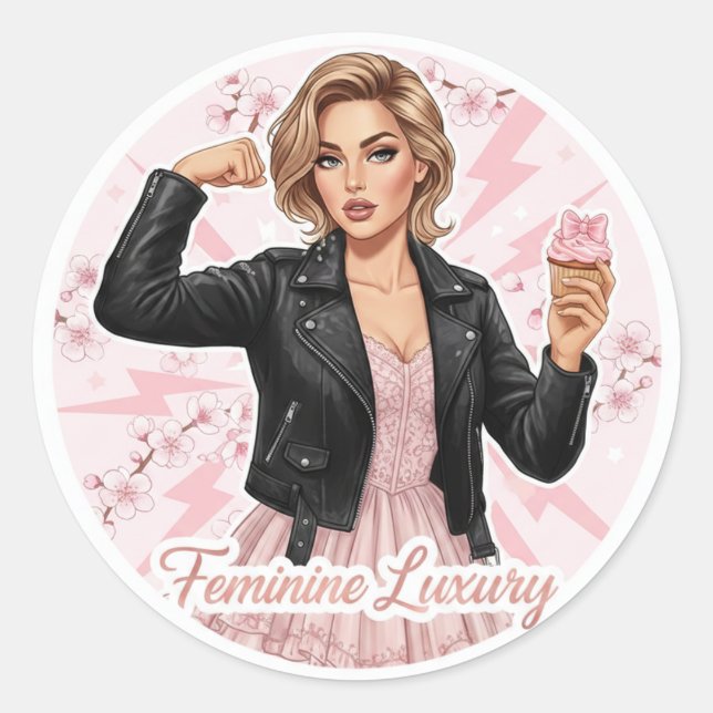 Pegatina Redonda Power & Pink: Feminine Luxury Coquette Sticker (Anverso)