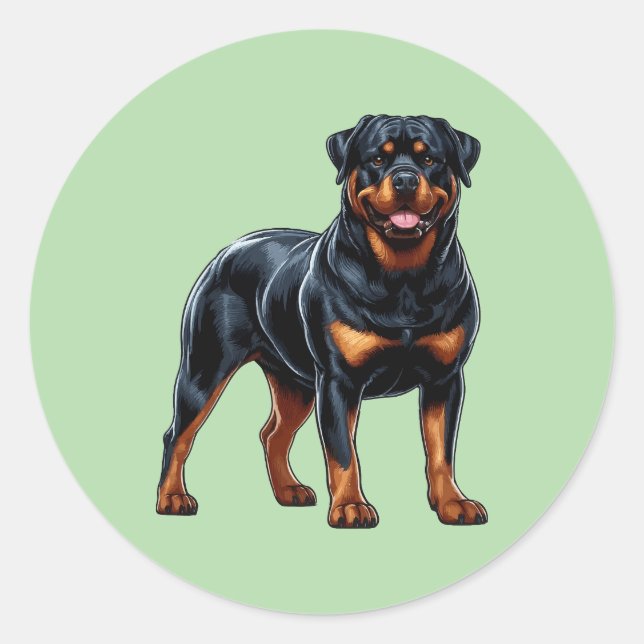 Pegatina Redonda Powerful Rottweiler – Full-Body Dog Sticker (Anverso)