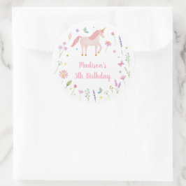 Pegatina Redonda Pradera de Unicornio Cumpleaños Rosa Pastel Dorado