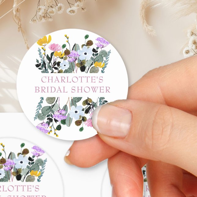 Pegatina Redonda Prado de flores silvestres Despedida de soltera (Bridal Shower sticker from my Wildflower Lawn Bridal Shower collection)