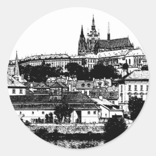 Pegatina Redonda Praga, ciudad histórica, castillo - arte checo
