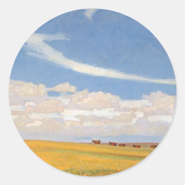 Pegatina Redonda Prairie tras tormenta de Maynard Dixon, arte vinta (Anverso)