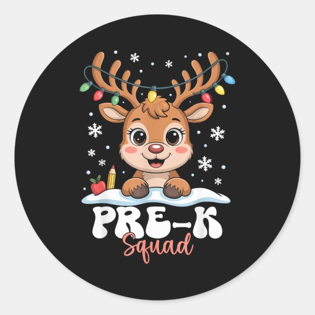 Pegatina Redonda Pre-k Squad Reindeer Christmas Lights Cute Winter  (Anverso)