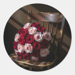Pegatina Redonda Preciosas Rosas en una Silla Rústica