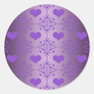 Pegatina Redonda Precioso damasco de corazones púrpura lavanda