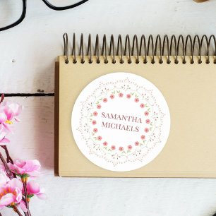 Pegatina Redonda Precioso Mandala Botánico Floral Rosa Personalizad