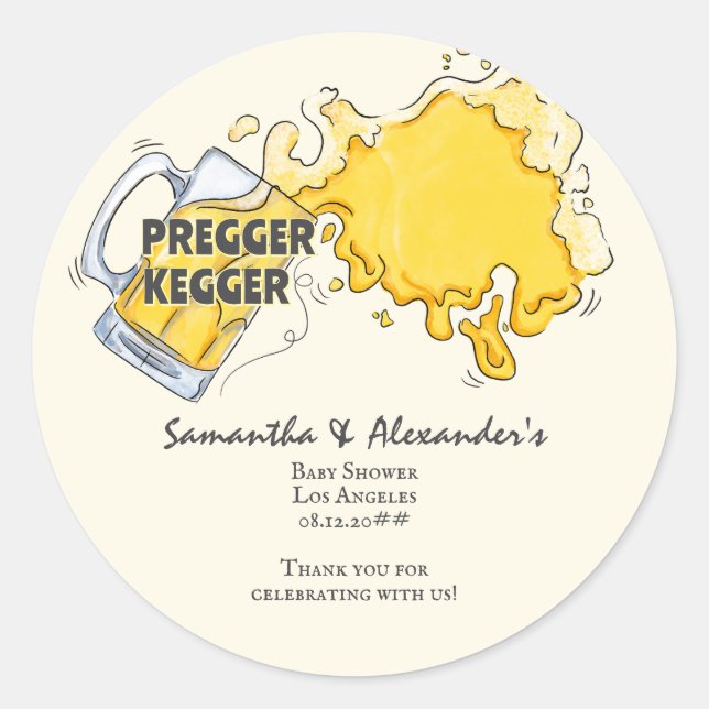 Pegatina Redonda Pregger Kegger Watercolor Beer Co-ED Baby Shower (Anverso)