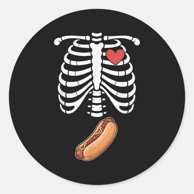 Pegatina Redonda Pregnancy Skeleton Hotdog Belly Bump Rib Cage Hall (Anverso)