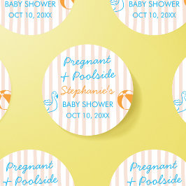 Pegatina Redonda Pregnant & Poolside Summer Pool Party Baby Shower