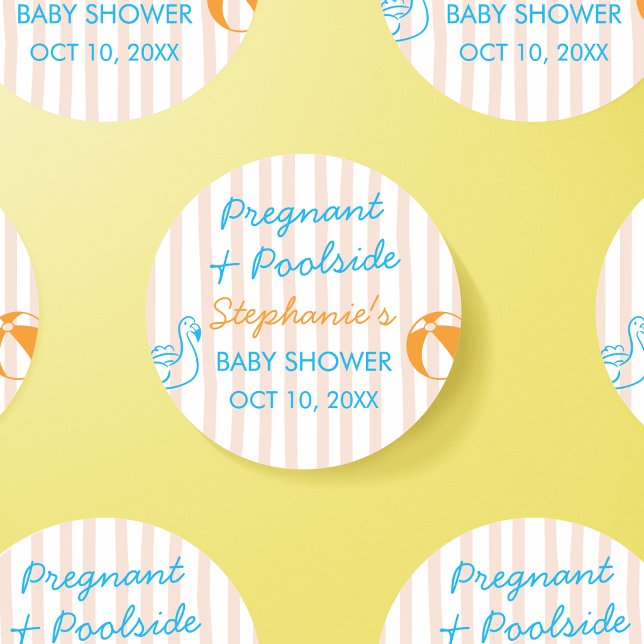 Pegatina Redonda Pregnant & Poolside Summer Pool Party Baby Shower (Subido por el creador)