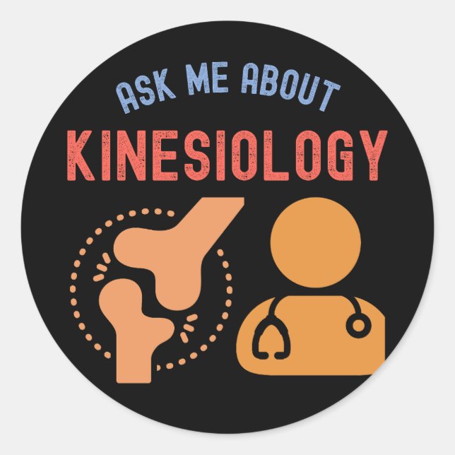 Pegatina Redonda Pregúntame sobre Kinesiología, Kinesiólogo (Anverso)