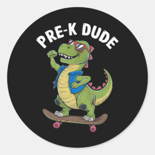 Pegatina Redonda Prek Chico Dinosaurio Patinando Niños Kindergarten