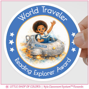 Pegatina Redonda Premio World Traveler Teacher Reading Explorer