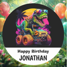 Pegatina Redonda Prepárate para una fiesta de cumpleaños de Dino-Mi