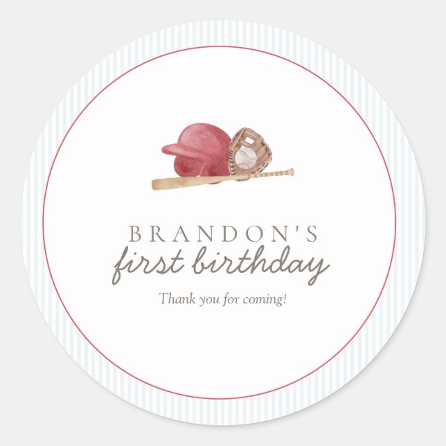 Pegatina Redonda Preppy Baseball First Birthday Classic Party (Anverso)