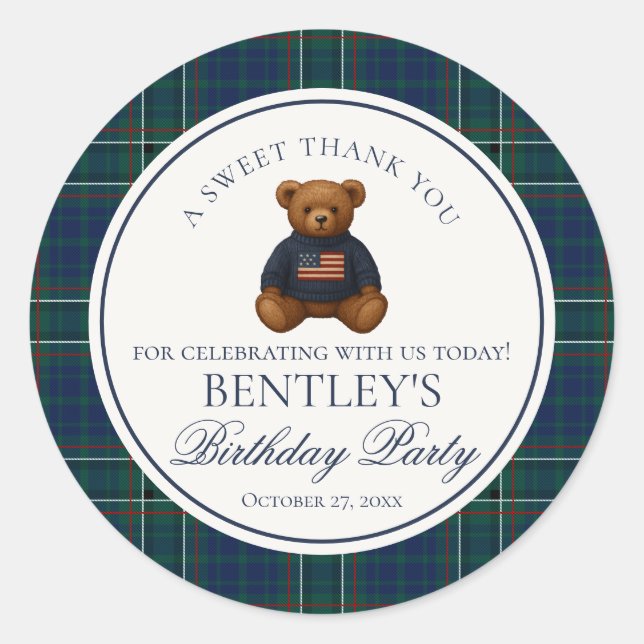 Pegatina Redonda Preppy Bear Tartan Plaid Boy Birthday Circle (Anverso)