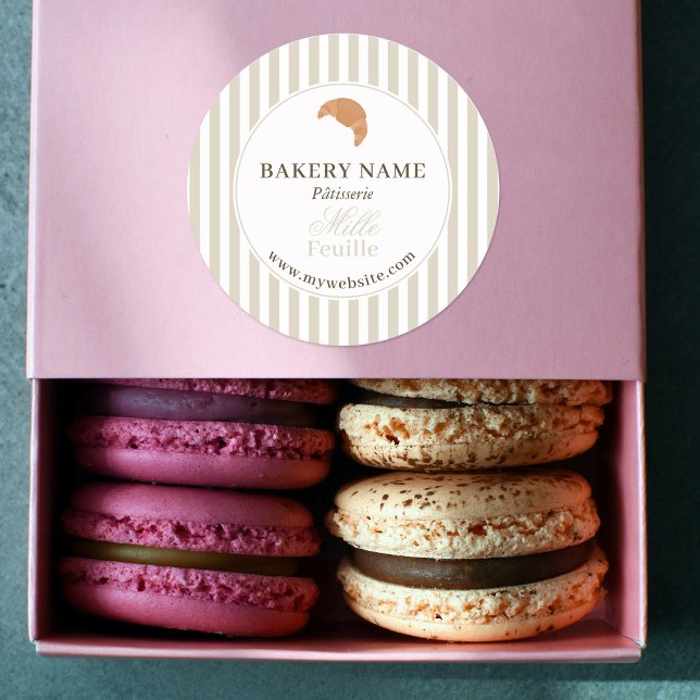 Pegatina Redonda Preppy Beige Brown Stripes Bakery Logo Product (Preppy Beige Brown Stripes Bakery Logo Product Classic Round Sticker)