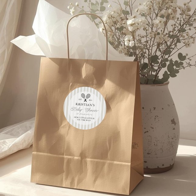 Pegatina Redonda Preppy Beige Tennis Theme Chic Baby Shower (preppy beige and white stripe tennis theme baby shower stickers )