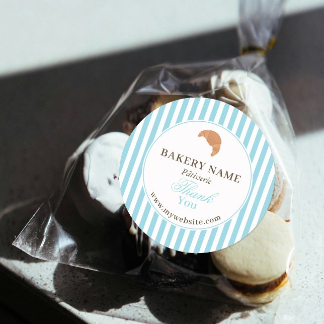 Pegatina Redonda Preppy Blue Brown Stripes Bakery Logo Thank You (Preppy Blue Brown Stripes Bakery Logo Thank You Classic Round Sticker)